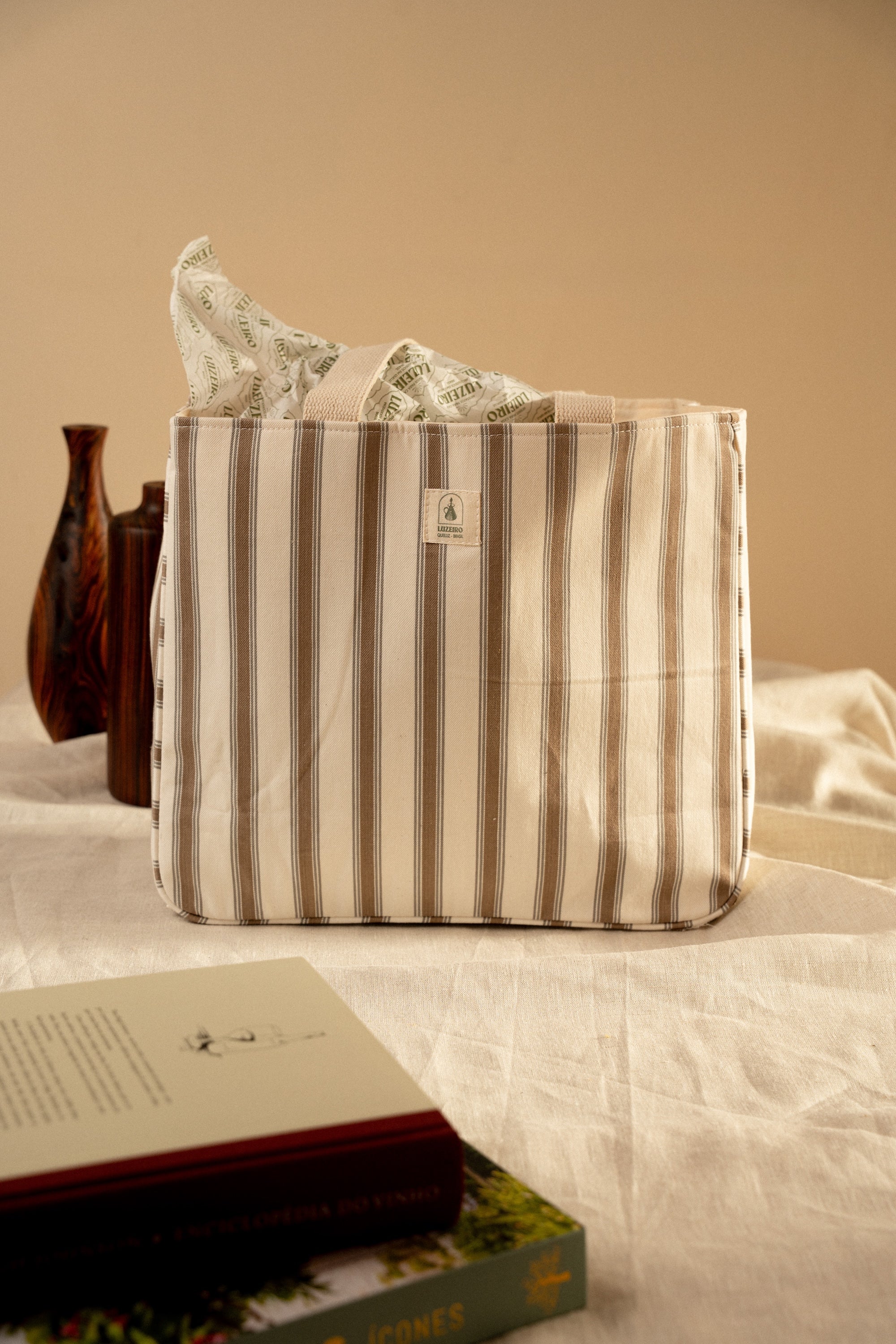 Bolsa média Listrada estruturada - Bege